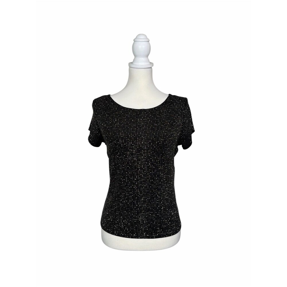 ONYX Nite Wendye Chaitin Black Glitter Stretch Top Sparkly Evening Party Blouse